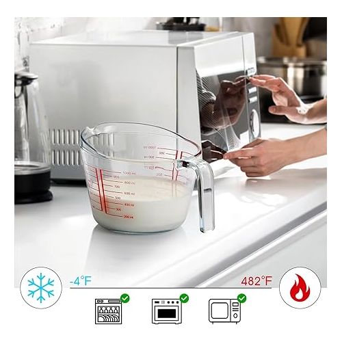  32oz (4-Cup) Glass Measuring Cup, Heighten Spout for Easy Pouring Measuring Glass, Clear with Red Measurements