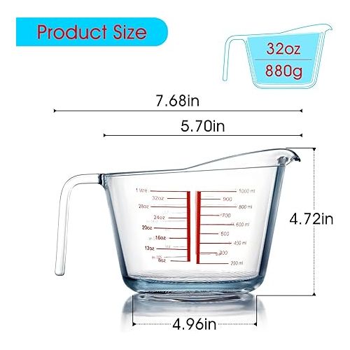  32oz (4-Cup) Glass Measuring Cup, Heighten Spout for Easy Pouring Measuring Glass, Clear with Red Measurements