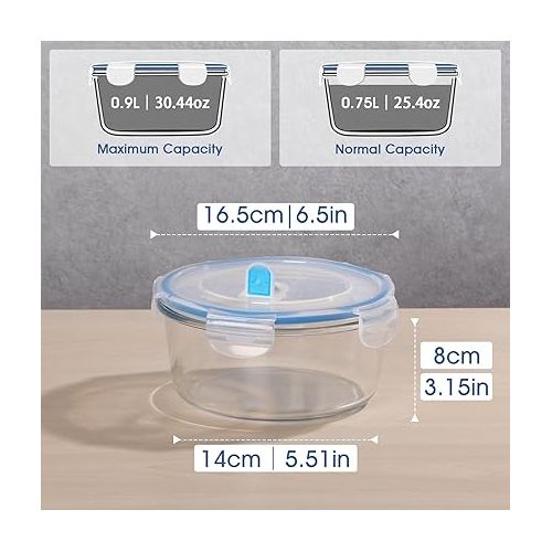  NUTRIUPS 0.9L Glass Food Storage Containers Set, Round Meal Prep Containers, Glass Bowls With Lid