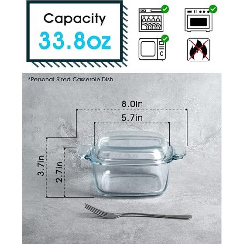  NUTRIUPS 1L Glass Casserole Dish for Oven with Lid Square Casserole Dish with Lid, Mini Glass Casserole Cookware Small Casserole Dish