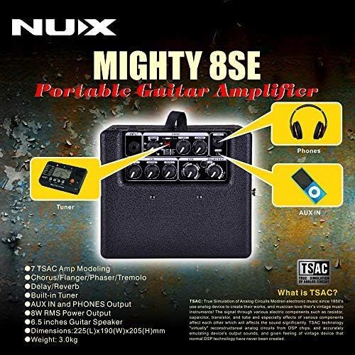  NUX Mighty 8 SE Battery Powered Portable Guitar Amplifier 8W 6.5 Speaker Built-in Tuner AC/DC Adapter 6 AA Batteries Holder Headphone Out TSAC Technology 6 Distortion Types 4 Modul