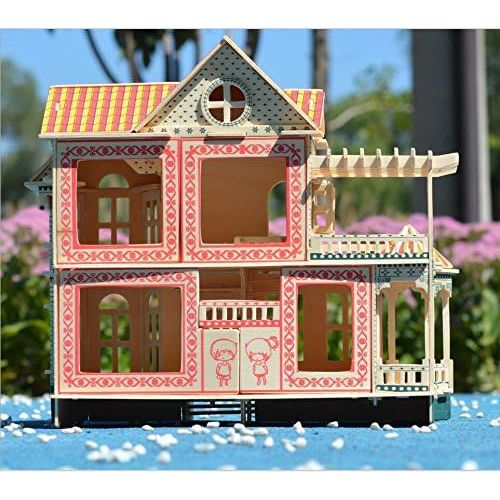  NWFashion Childrens 17 2 Floors with Furnitures Lights DIY Kits Assemble Miniature Wooden Dollhouse(Sunshine Alice)