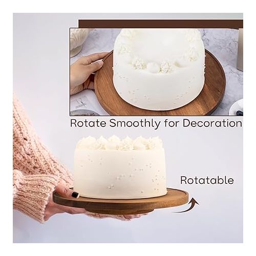  NWK Wood Cake Stand with Dome Lid Shatterproof 360° Rotatable Rustic Acacia Wooden Cake Plate with Base for Up to 11inch Cake Display, Acrylic Cover, for Birthday Wedding Party