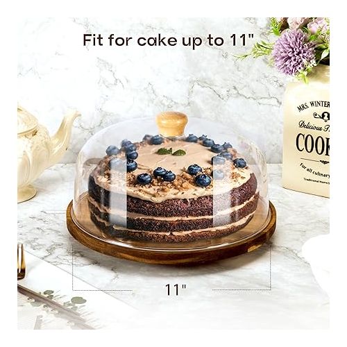  NWK Wood Cake Stand with Dome Lid Shatterproof 360° Rotatable Rustic Acacia Wooden Cake Plate with Base for Up to 11inch Cake Display, Acrylic Cover, for Birthday Wedding Party