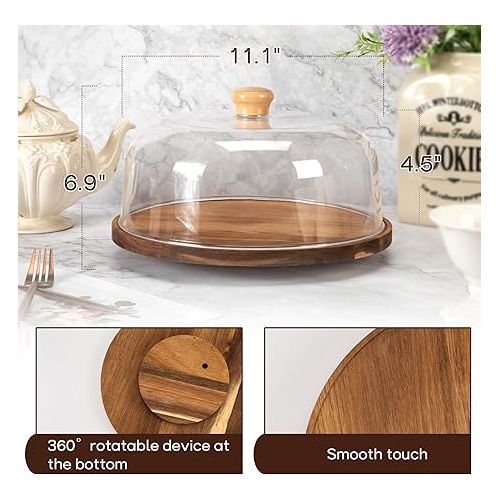  NWK Wood Cake Stand with Dome Lid Shatterproof 360° Rotatable Rustic Acacia Wooden Cake Plate with Base for Up to 11inch Cake Display, Acrylic Cover, for Birthday Wedding Party