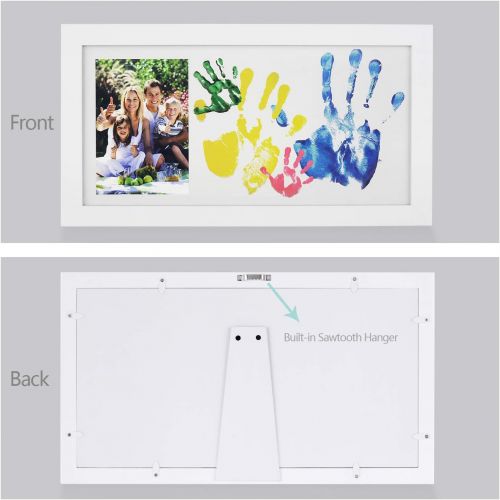  NWK DIY Family Photo + Family Hand/Footprints Kit with 10 X 17inch Elegant White Wood Picture Frame, Ink Pad, Non-Toxic Watercolor Paints, Registry Keepsakes Baby Shower Gift