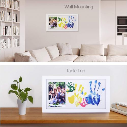  NWK DIY Family Photo + Family Hand/Footprints Kit with 10 X 17inch Elegant White Wood Picture Frame, Ink Pad, Non-Toxic Watercolor Paints, Registry Keepsakes Baby Shower Gift