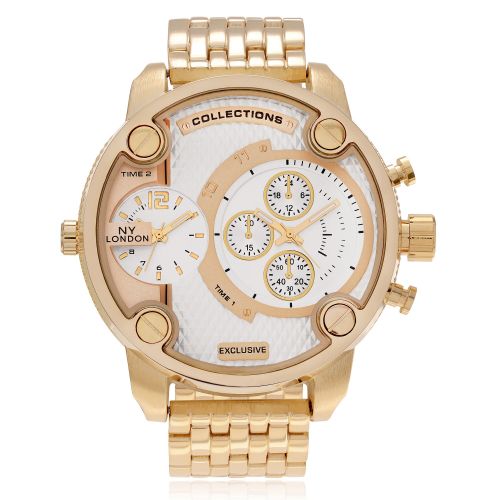  NY London Mens Goldtone Round Dual Time Zone Dial Link Bracelet Watch by Geneva Platinum