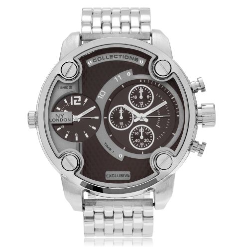  NY London Mens Silvertone Dual Time Zone Dial Link Bracelet Watch by Geneva Platinum
