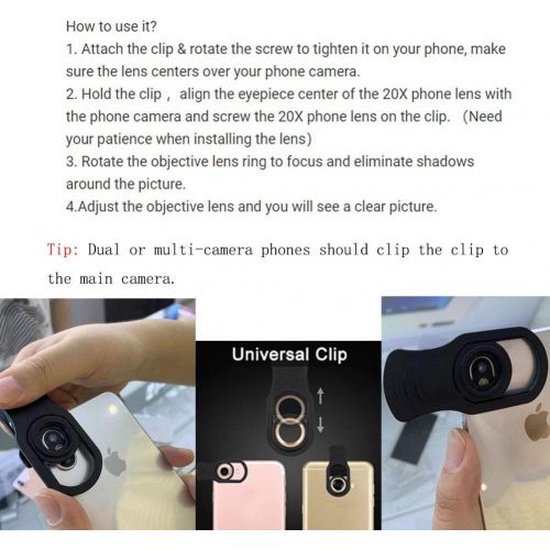  [아마존베스트]NYimage Phone Zoom Lens 20 X- Cell Phone Lens and Monocular Telescope, Phone Camera Lens for iPhone, Samsung, Android Smartphone (Black)