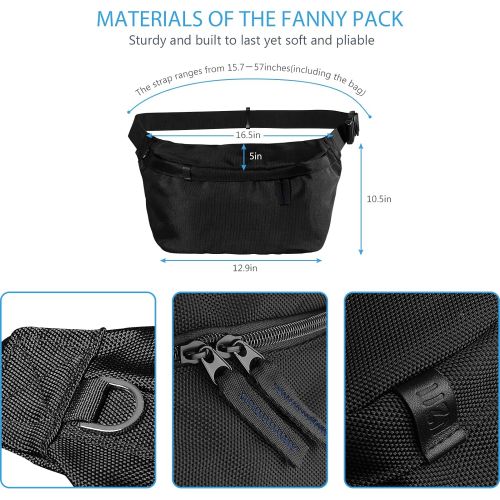  NZII Sports Fanny Pack for Men Women, Outdoor Waist Pack Bag with 6 Zipper Pockets, Super Capacity Bum Bag with Adjustable Belt for Traveling Hiking Cycling Workout Casual