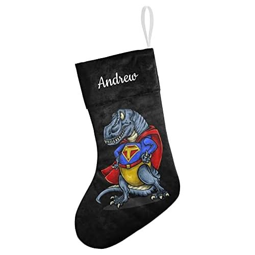  NZOOHY Superhero Dinosaurs Personalized Christmas Stocking with Name, Custom Decoration Fireplace Hanging Stockings for Family Ornaments Holiday Party