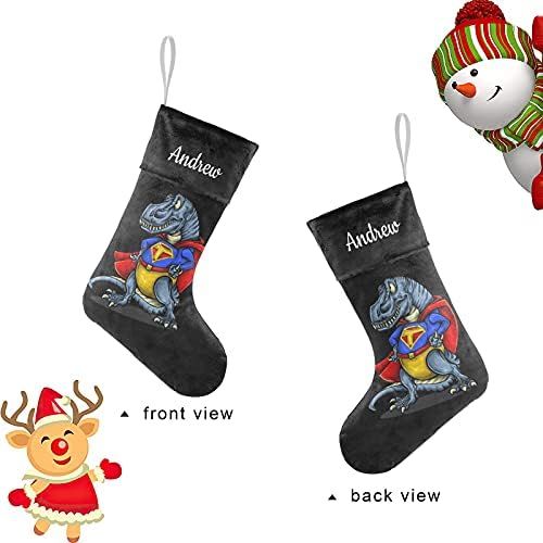  NZOOHY Superhero Dinosaurs Personalized Christmas Stocking with Name, Custom Decoration Fireplace Hanging Stockings for Family Ornaments Holiday Party