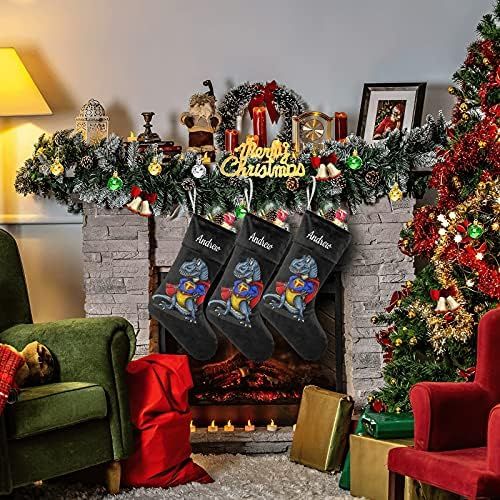  NZOOHY Superhero Dinosaurs Personalized Christmas Stocking with Name, Custom Decoration Fireplace Hanging Stockings for Family Ornaments Holiday Party