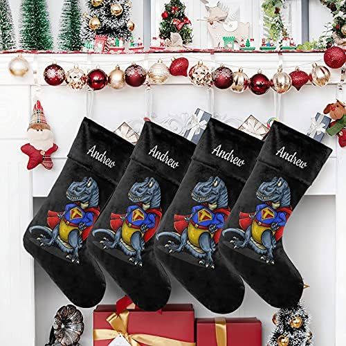  NZOOHY Superhero Dinosaurs Personalized Christmas Stocking with Name, Custom Decoration Fireplace Hanging Stockings for Family Ornaments Holiday Party