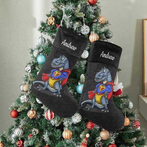  NZOOHY Superhero Dinosaurs Personalized Christmas Stocking with Name, Custom Decoration Fireplace Hanging Stockings for Family Ornaments Holiday Party