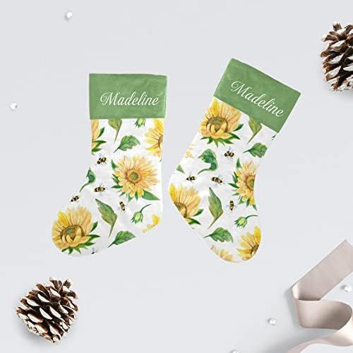  NZOOHY Sunflowers, Leaves, Bees Christmas Stocking Custom Sock, Fireplace Hanging Stockings with Name Family Holiday Party Decor