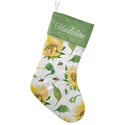  NZOOHY Sunflowers, Leaves, Bees Christmas Stocking Custom Sock, Fireplace Hanging Stockings with Name Family Holiday Party Decor