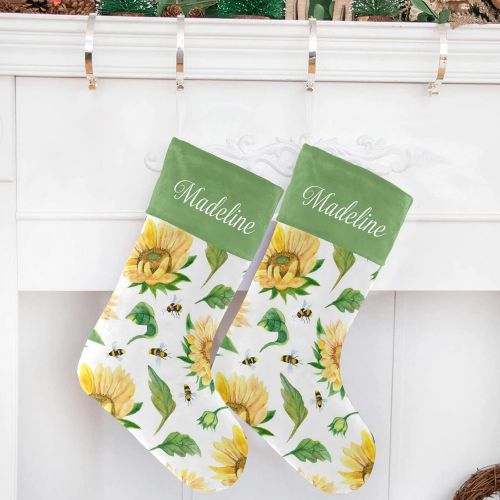  NZOOHY Sunflowers, Leaves, Bees Christmas Stocking Custom Sock, Fireplace Hanging Stockings with Name Family Holiday Party Decor