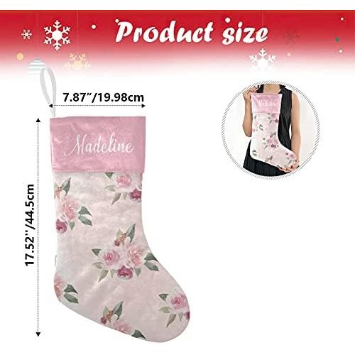  NZOOHY Pink Floral Christmas Stocking Custom Sock, Fireplace Hanging Stockings with Name Family Holiday Party Decor