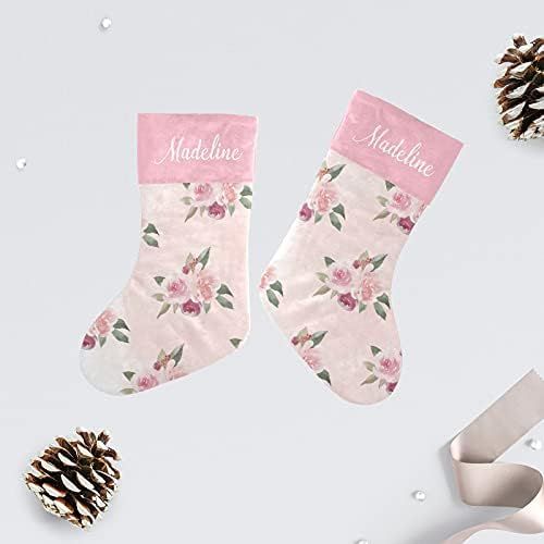  NZOOHY Pink Floral Christmas Stocking Custom Sock, Fireplace Hanging Stockings with Name Family Holiday Party Decor