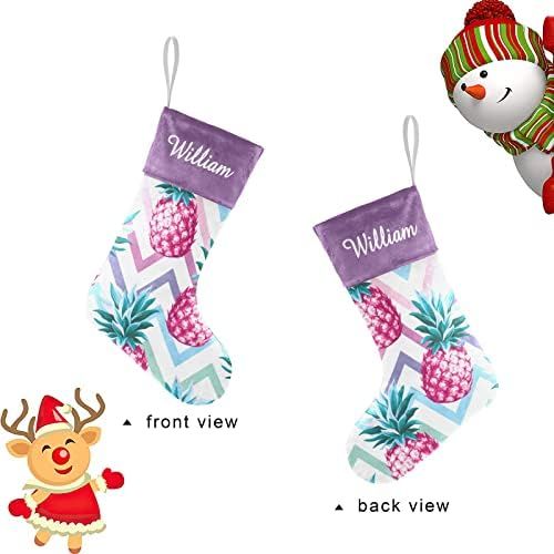  NZOOHY Pink Pineapple Chervon Personalized Christmas Stocking with Name, Custom Decoration Fireplace Hanging Stockings for Family Ornaments