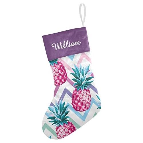  NZOOHY Pink Pineapple Chervon Personalized Christmas Stocking with Name, Custom Decoration Fireplace Hanging Stockings for Family Ornaments