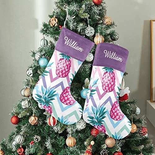  NZOOHY Pink Pineapple Chervon Personalized Christmas Stocking with Name, Custom Decoration Fireplace Hanging Stockings for Family Ornaments