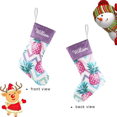  NZOOHY Pink Pineapple Chervon Personalized Christmas Stocking with Name, Custom Decoration Fireplace Hanging Stockings for Family Ornaments