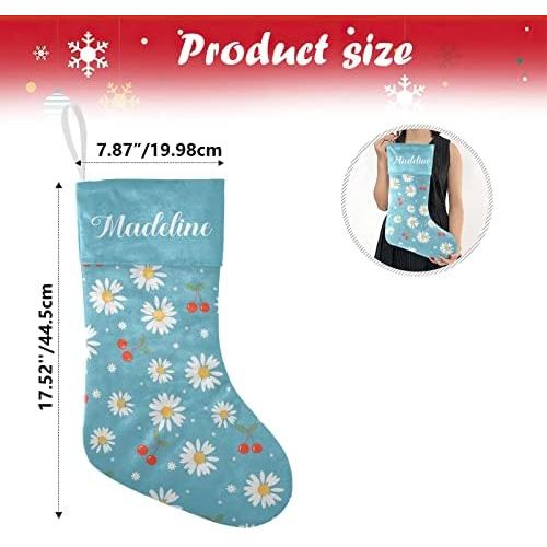  NZOOHY Cherry Fruit Daisy Flower Blue Christmas Stocking Custom Sock, Fireplace Hanging Stockings with Name Family Holiday Party Decor