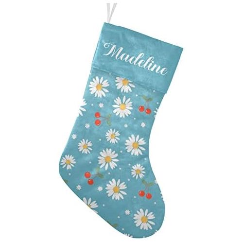  NZOOHY Cherry Fruit Daisy Flower Blue Christmas Stocking Custom Sock, Fireplace Hanging Stockings with Name Family Holiday Party Decor