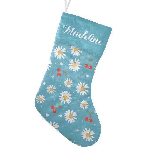  NZOOHY Cherry Fruit Daisy Flower Blue Christmas Stocking Custom Sock, Fireplace Hanging Stockings with Name Family Holiday Party Decor