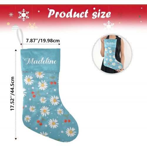  NZOOHY Cherry Fruit Daisy Flower Blue Christmas Stocking Custom Sock, Fireplace Hanging Stockings with Name Family Holiday Party Decor