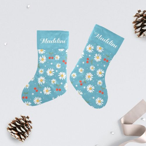  NZOOHY Cherry Fruit Daisy Flower Blue Christmas Stocking Custom Sock, Fireplace Hanging Stockings with Name Family Holiday Party Decor