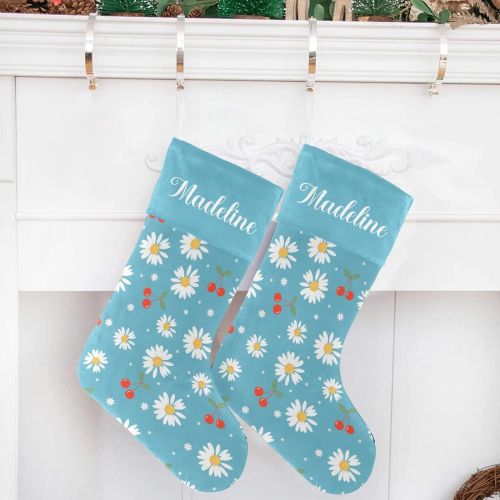  NZOOHY Cherry Fruit Daisy Flower Blue Christmas Stocking Custom Sock, Fireplace Hanging Stockings with Name Family Holiday Party Decor