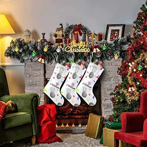  NZOOHY Pineapple Tropical Fruit Personalized Christmas Stocking with Name, Custom Decoration Fireplace Hanging Stockings for Family Ornaments