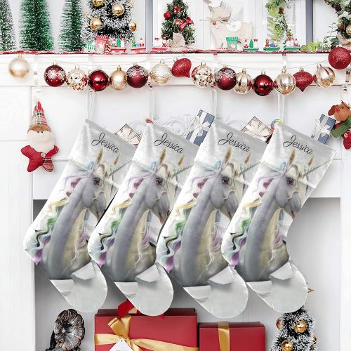  NZOOHY Unicorn Animal Personalized Christmas Stocking with Name, Custom Decoration Fireplace Hanging Stockings for Family Ornaments Holiday Party