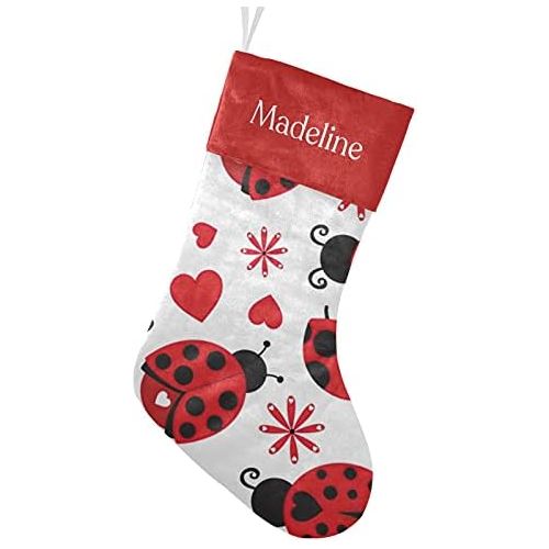  NZOOHY Hearts Ladybugs Christmas Stocking Custom Sock, Fireplace Hanging Stockings with Name Family Holiday Party Decor