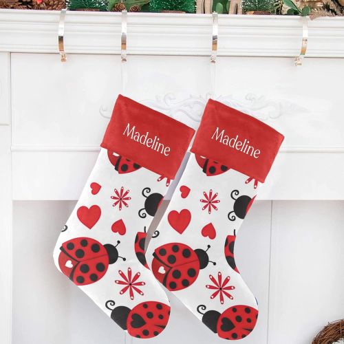  NZOOHY Hearts Ladybugs Christmas Stocking Custom Sock, Fireplace Hanging Stockings with Name Family Holiday Party Decor