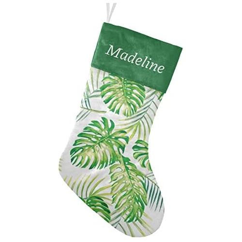  NZOOHY Watercolor Tropic Monstera Leaves Palm Christmas Stocking Custom Sock, Fireplace Hanging Stockings with Name Family Holiday Party Decor