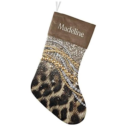  NZOOHY Glitter Print Leopard Christmas Stocking Custom Sock, Fireplace Hanging Stockings with Name Family Holiday Party Decor