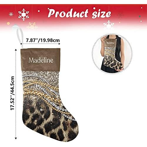  NZOOHY Glitter Print Leopard Christmas Stocking Custom Sock, Fireplace Hanging Stockings with Name Family Holiday Party Decor