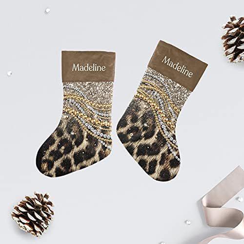  NZOOHY Glitter Print Leopard Christmas Stocking Custom Sock, Fireplace Hanging Stockings with Name Family Holiday Party Decor