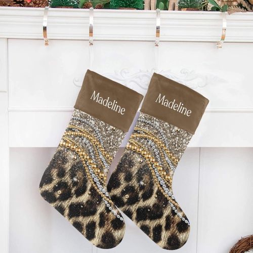  NZOOHY Glitter Print Leopard Christmas Stocking Custom Sock, Fireplace Hanging Stockings with Name Family Holiday Party Decor