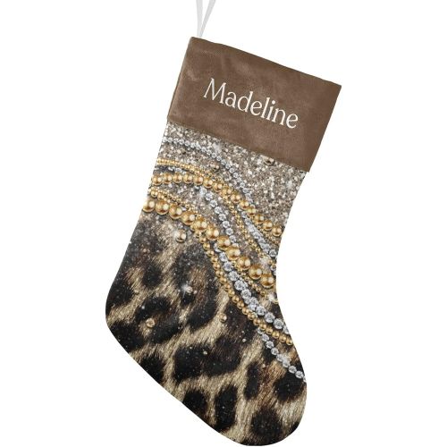  NZOOHY Glitter Print Leopard Christmas Stocking Custom Sock, Fireplace Hanging Stockings with Name Family Holiday Party Decor