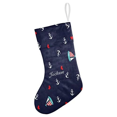  NZOOHY Anchors and Sailboats Personalized Christmas Stocking with Name, Custom Decoration Fireplace Hanging Stockings for Family Ornaments Holiday Party