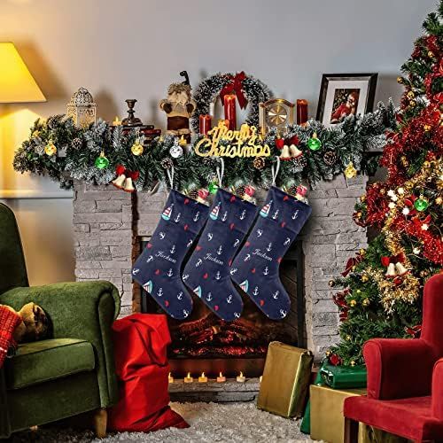  NZOOHY Anchors and Sailboats Personalized Christmas Stocking with Name, Custom Decoration Fireplace Hanging Stockings for Family Ornaments Holiday Party