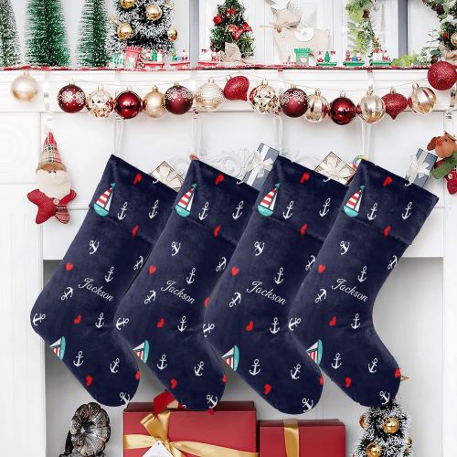  NZOOHY Anchors and Sailboats Personalized Christmas Stocking with Name, Custom Decoration Fireplace Hanging Stockings for Family Ornaments Holiday Party