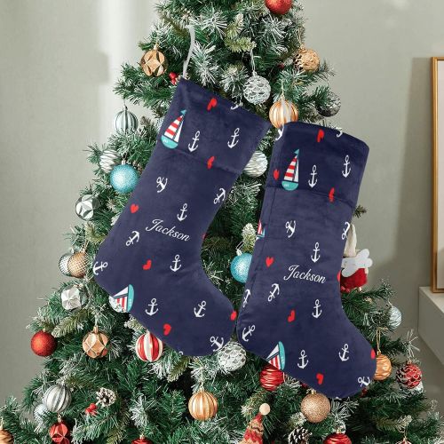  NZOOHY Anchors and Sailboats Personalized Christmas Stocking with Name, Custom Decoration Fireplace Hanging Stockings for Family Ornaments Holiday Party