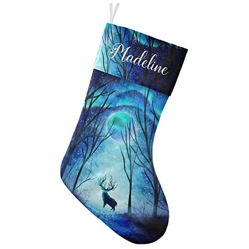  NZOOHY Deer Forest Night Woodland Christmas Stocking Custom Sock, Fireplace Hanging Stockings with Name Family Holiday Party Decor